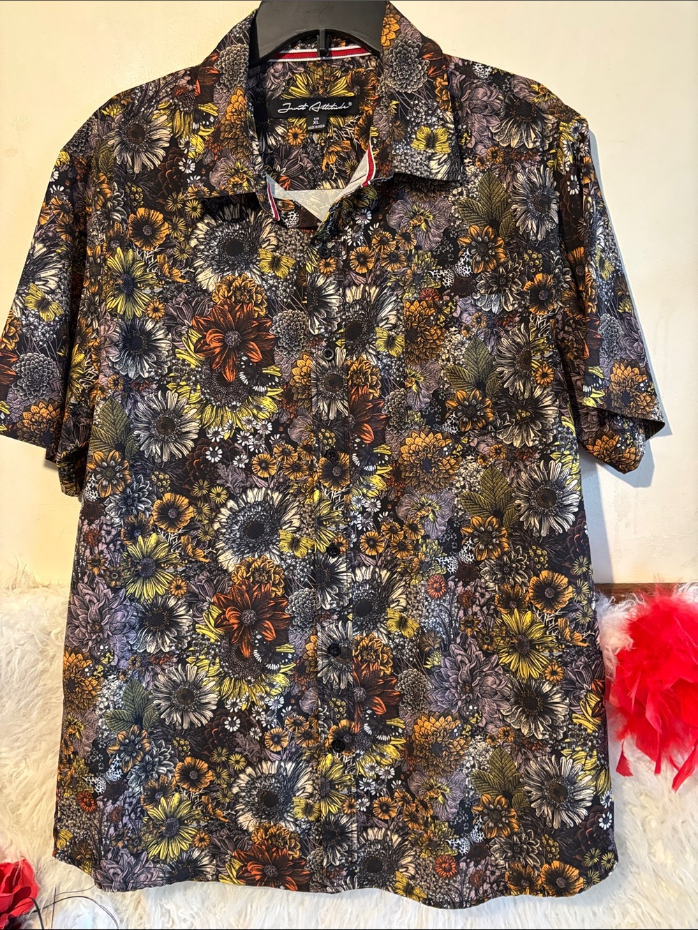 Floral Short-Sleeve Button-Up Shirt - Black/Yellow/Orange
